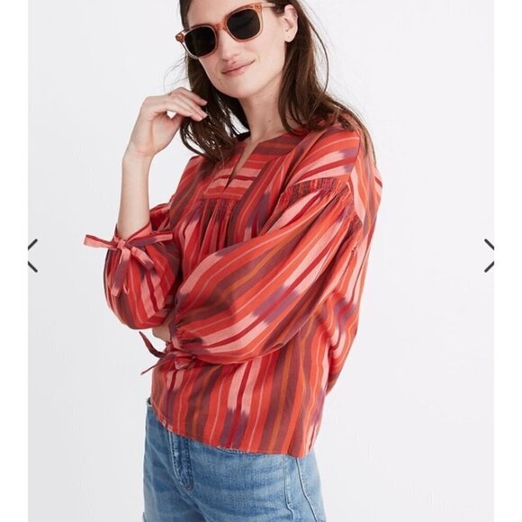 Madewell Ikat Peasant Popover Top Shirt Blouse Womens Small Red Balloon Sleeves - Picture 1 of 8